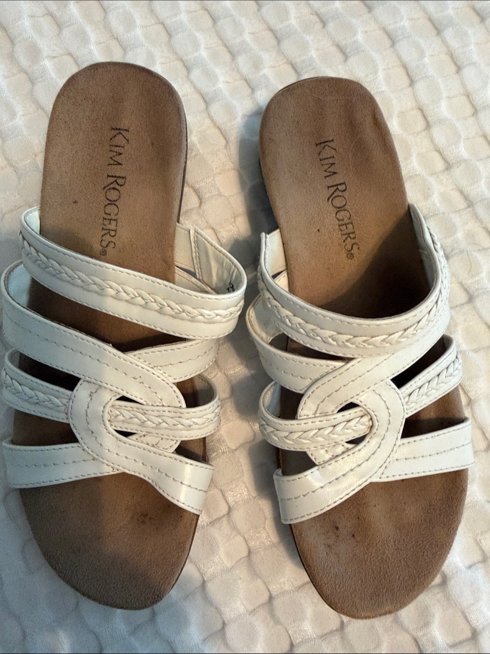 Kim Rogers White Braided Leather Slide Sandals